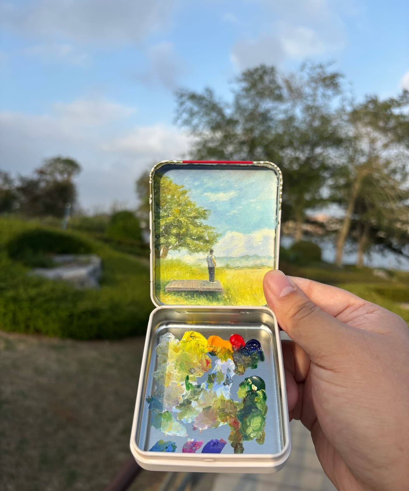 Sunlit meadow in a travel tin
